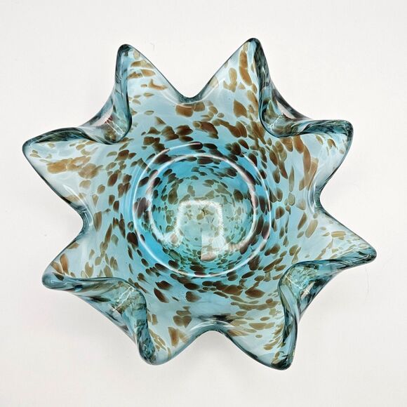 Art Glass Ruffle Bowl Dish Blue Aqua Brown Splatters Murano-like Star Fish - Picture 3 of 12